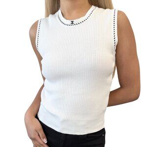CHANEL Vintage 96P CC Mark Logo Knit Tank Top #42 White Black Cotton [106470]